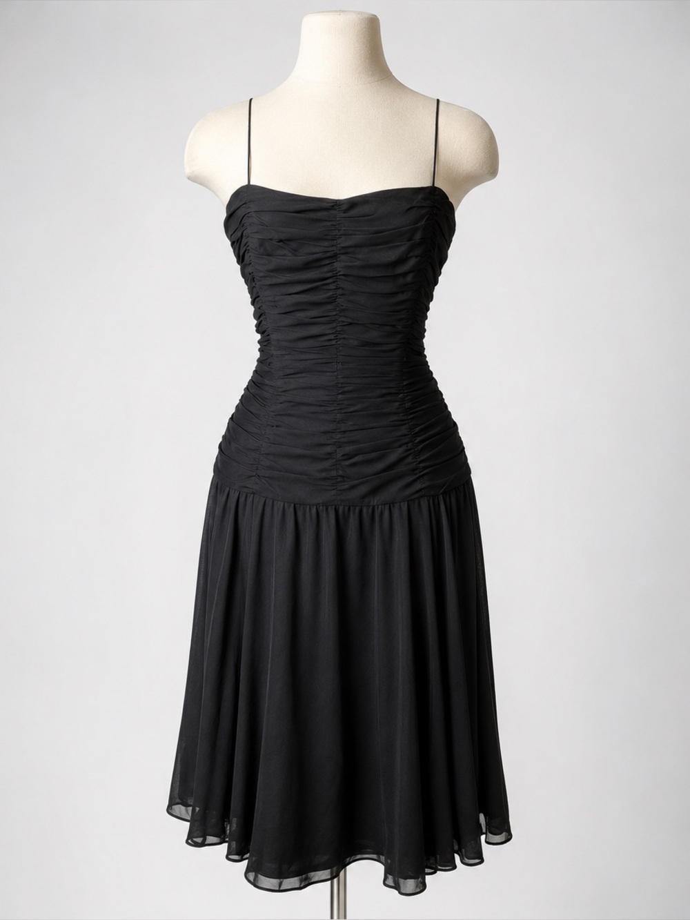 Vintage 90s Pia Rucci Black Silk Drop Waist Tea Dress Y2K Ruched Slip Size 10